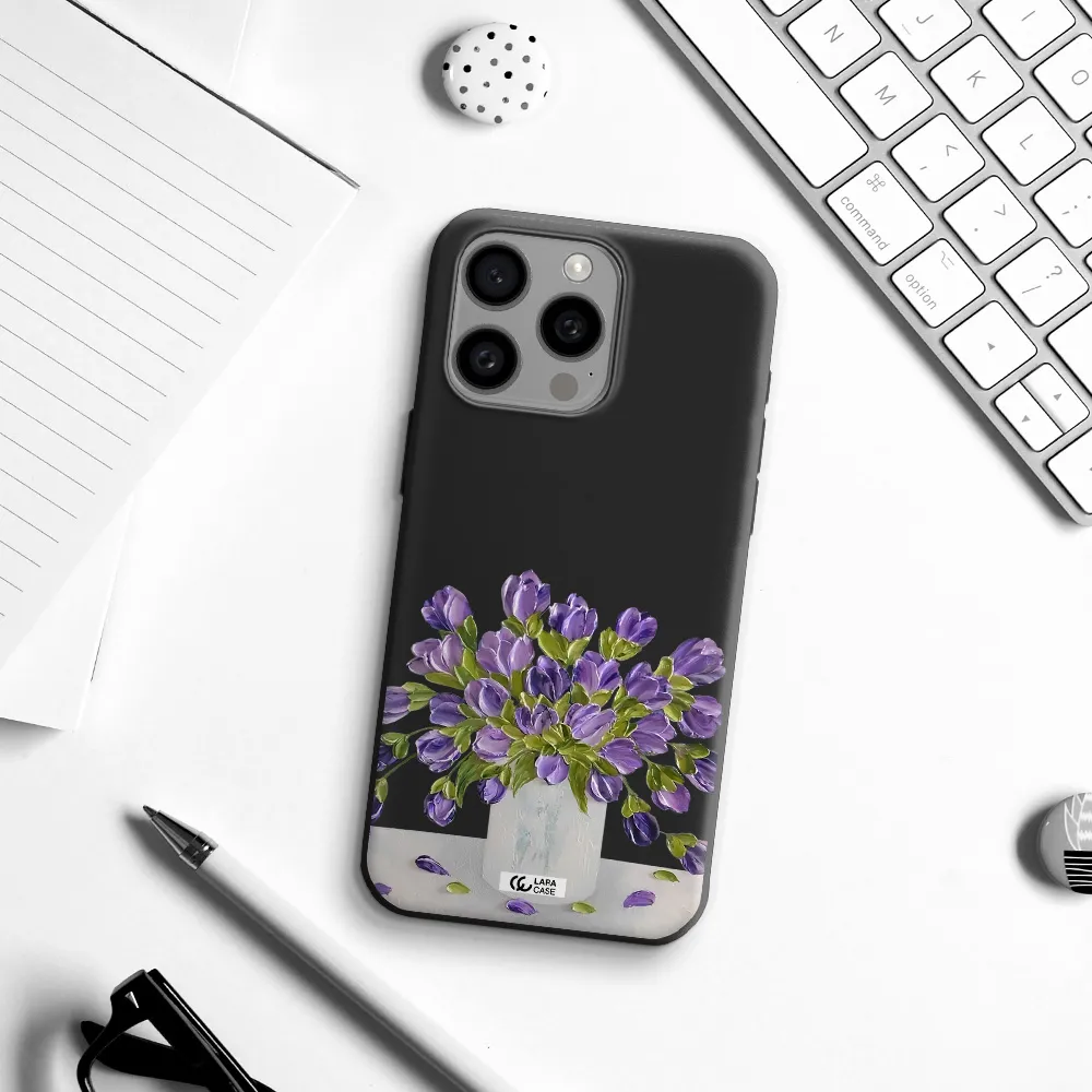 a bunch of purple flowers Apple Iphone 15 Pro max Silicone black Case