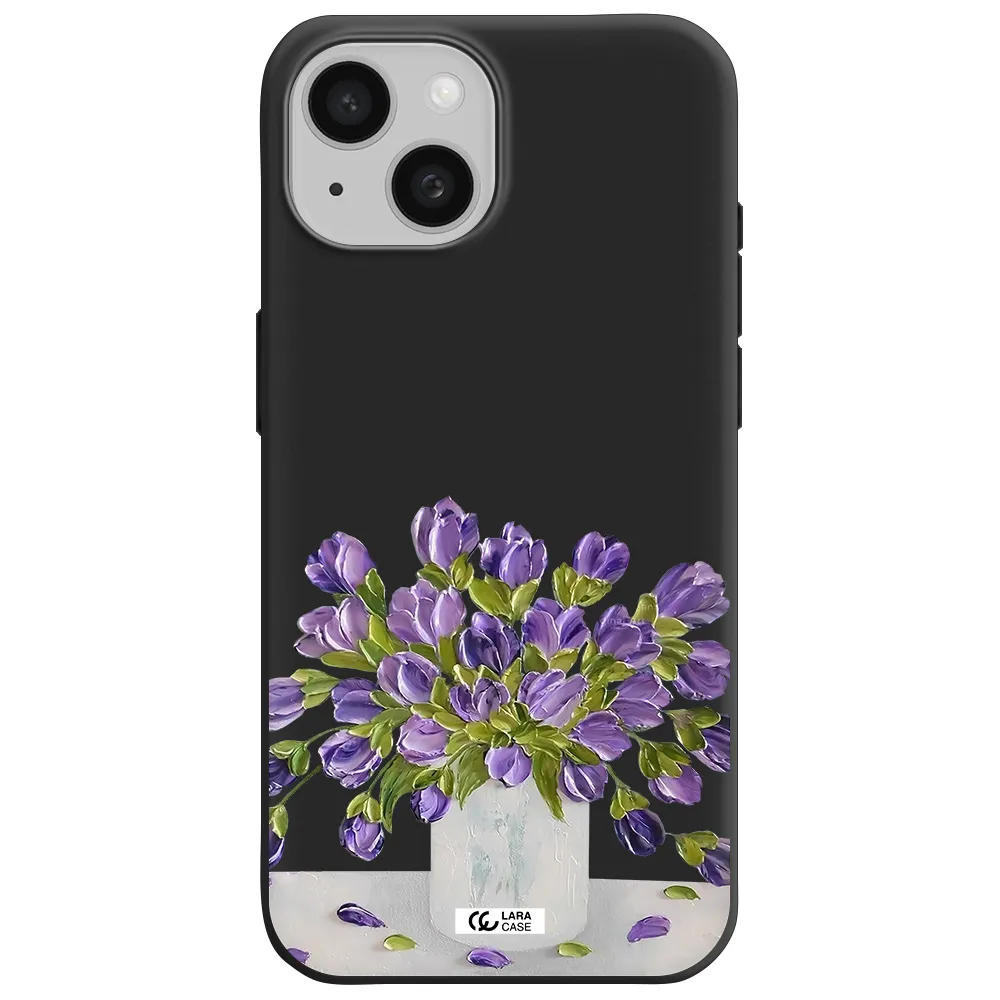 a bunch of purple flowers Apple iPhone 15 Silicone black Case