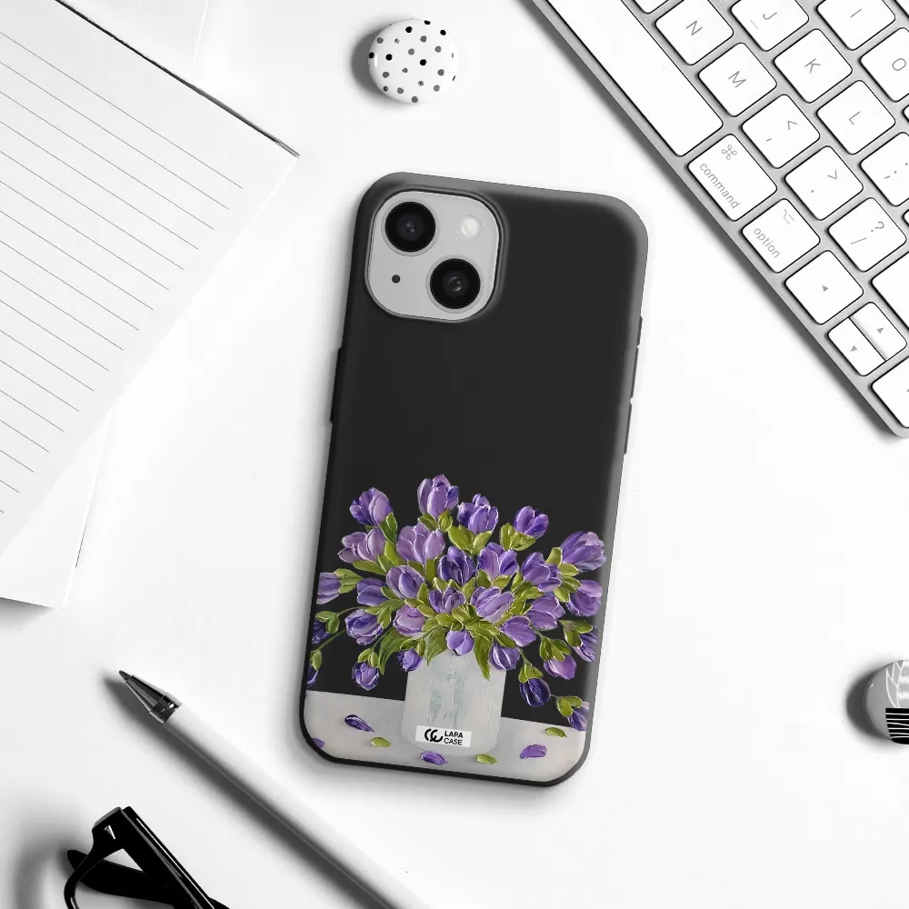 a bunch of purple flowers Apple iPhone 15 Silicone black Case
