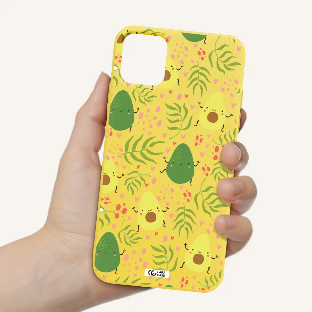 a pattern of avocado and leaves Apple iPhone 11 Silicone canary yellow Case