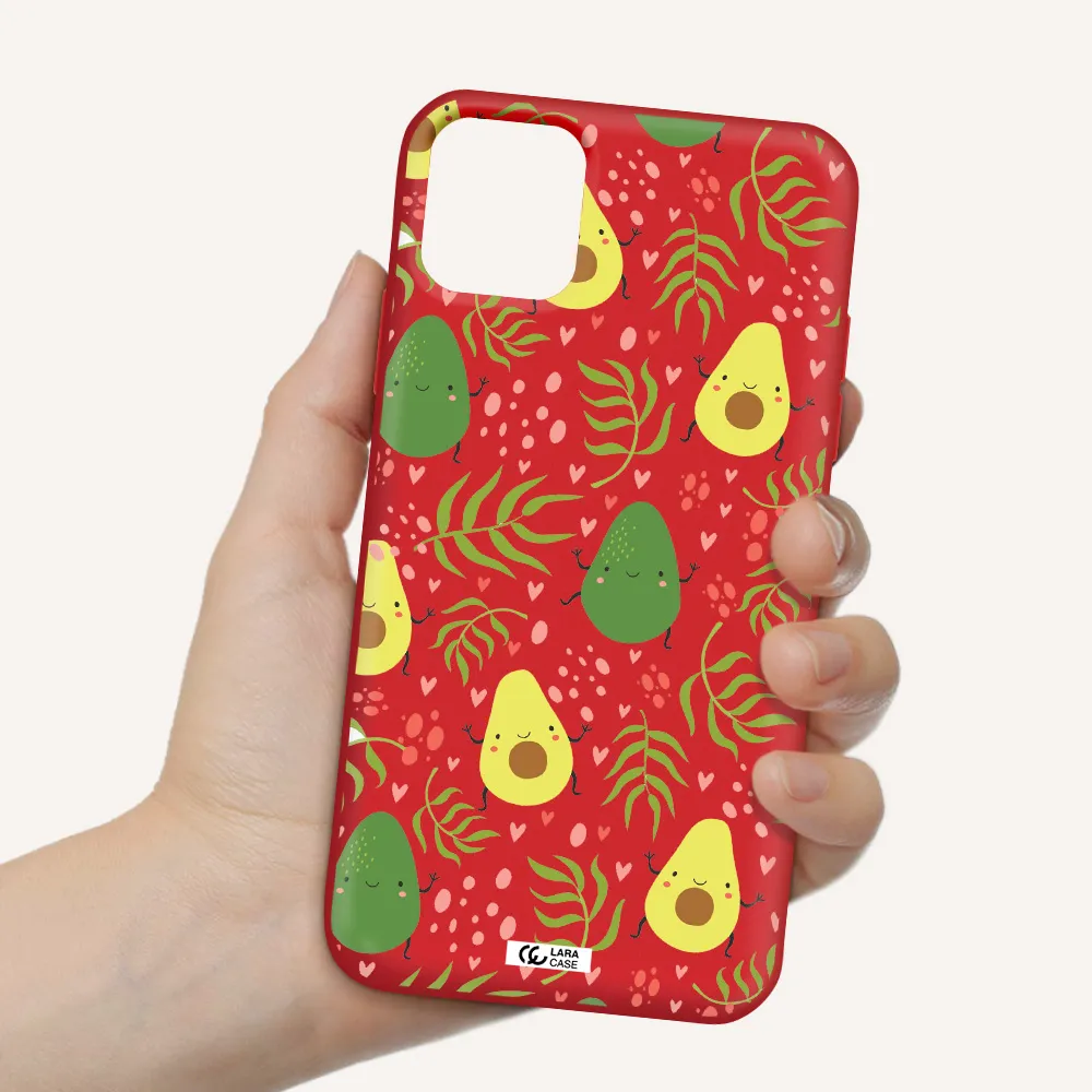 a pattern of avocado and leaves Apple iPhone 11 Silicone Imperial Red Case