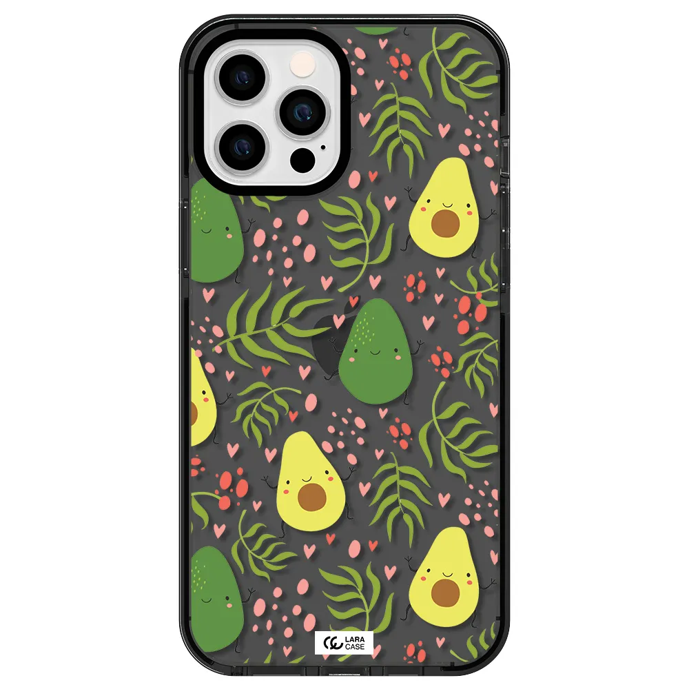 a pattern of avocado and leaves Apple iPhone 12 pro max impact Smoke Black Case