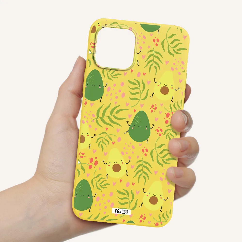 a pattern of avocado and leaves Apple iPhone 12 Silicone canary yellow Case
