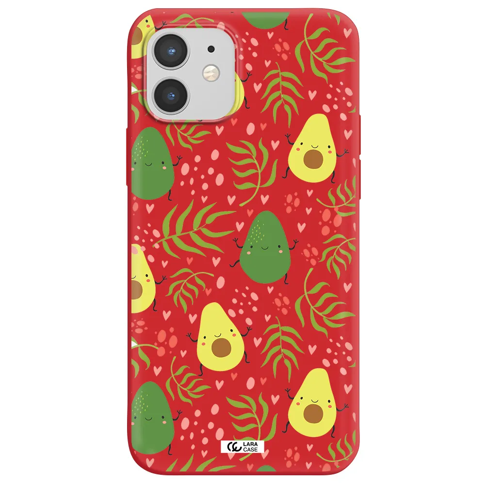 a pattern of avocado and leaves Apple iPhone 12 Silicone Imperial Red Case