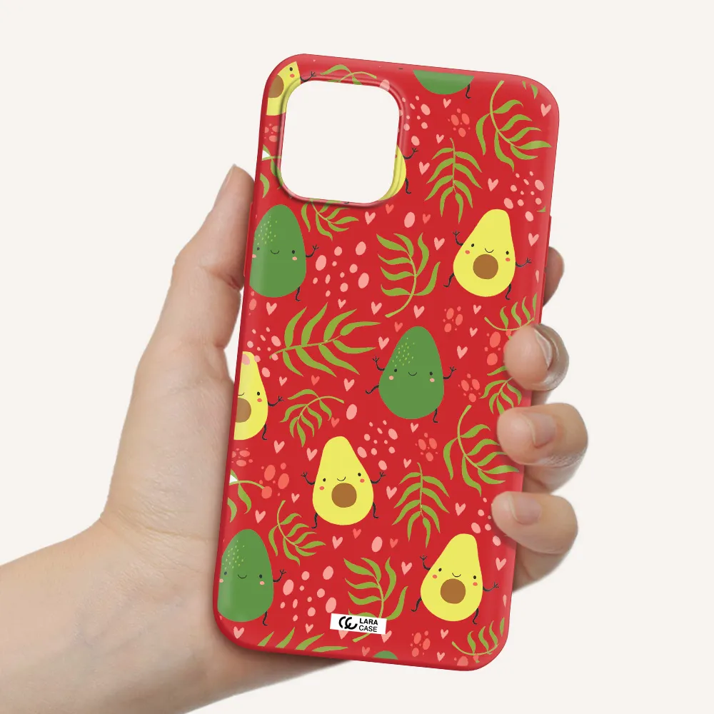 a pattern of avocado and leaves Apple iPhone 12 Silicone Imperial Red Case
