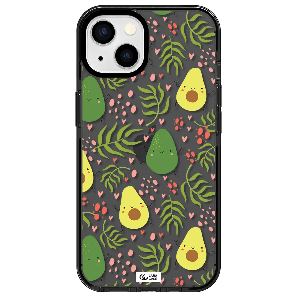 a pattern of avocado and leaves Apple iPhone 13 impact Smoke Black Case