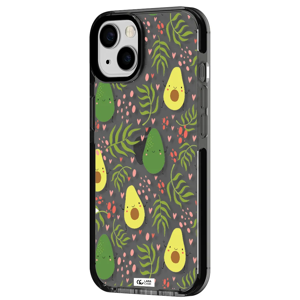 a pattern of avocado and leaves Apple iPhone 13 impact Smoke Black Case