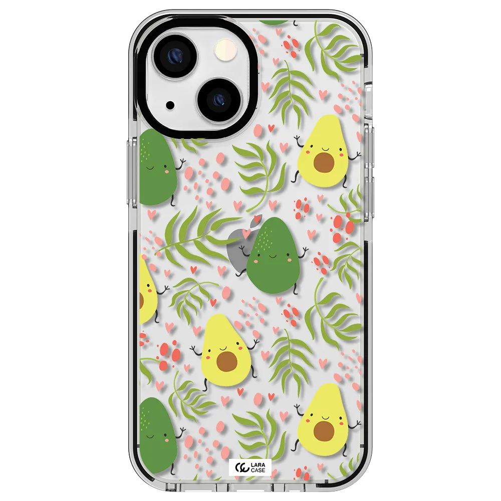 a pattern of avocado and leaves Apple iPhone 13 mini impact black border Case