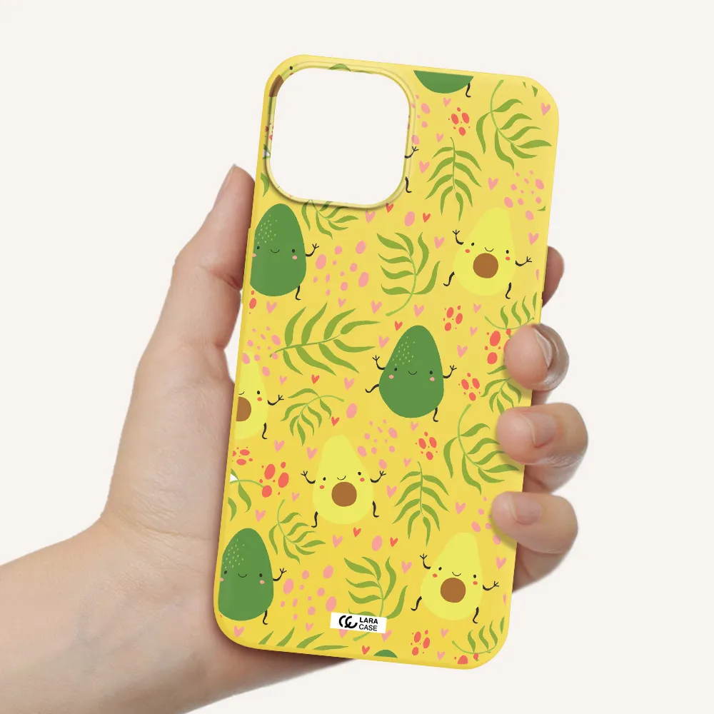 a pattern of avocado and leaves Apple iPhone 13 mini Silicone canary yellow Case