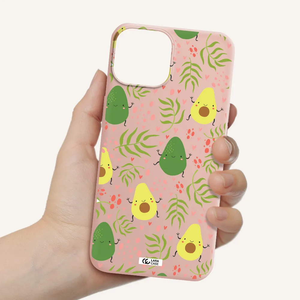 a pattern of avocado and leaves Apple iPhone 13 mini Silicone pastel pink Case