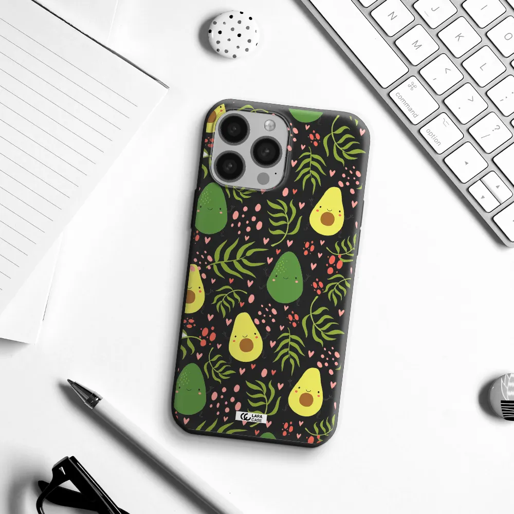 a pattern of avocado and leaves Apple iPhone 13 Pro Max Silicone black Case