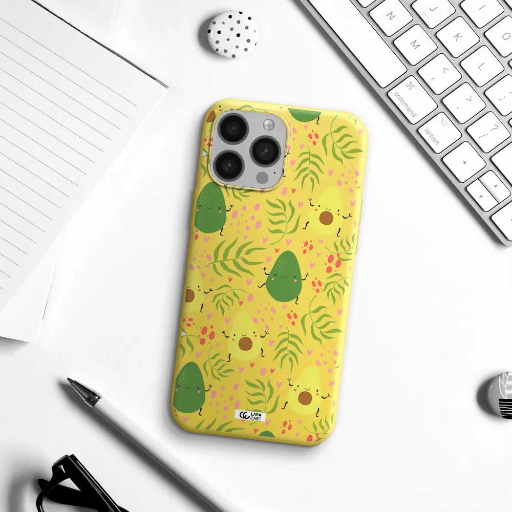 a pattern of avocado and leaves Apple iPhone 13 Pro Max Silicone canary yellow Case