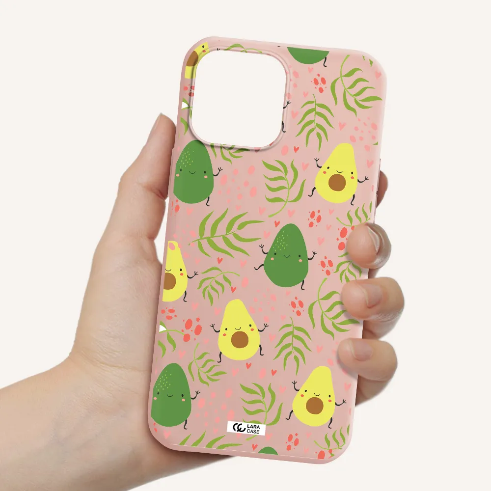 a pattern of avocado and leaves Apple iPhone 13 Pro Silicone pastel pink Case