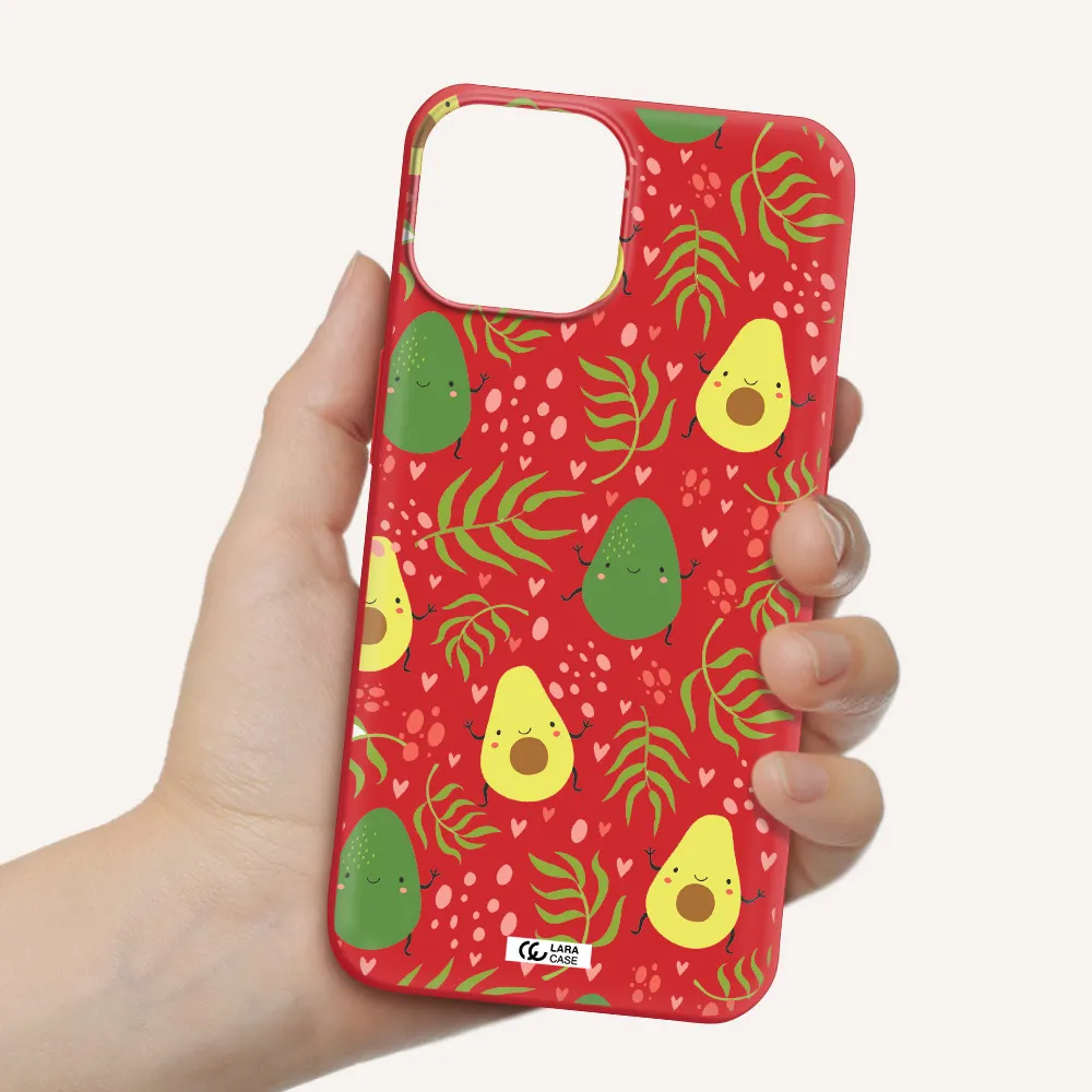 a pattern of avocado and leaves Apple iPhone 13 Silicone Imperial Red Case