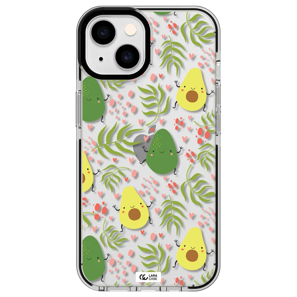 a pattern of avocado and leaves Apple iPhone 14 impact black border Case