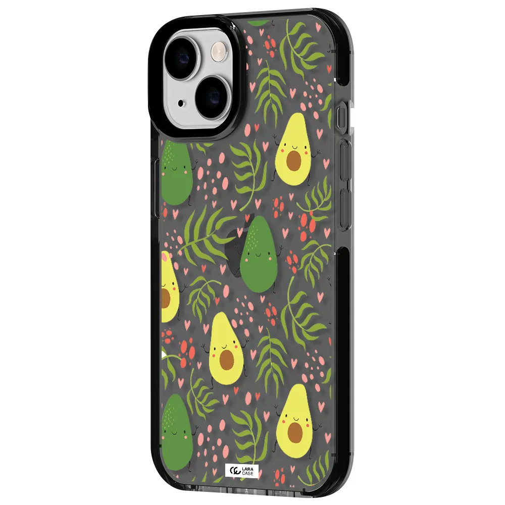 a pattern of avocado and leaves Apple iPhone 14 impact Smoke Black Case