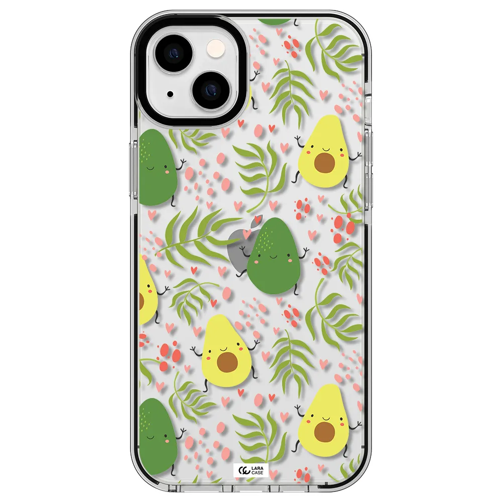 a pattern of avocado and leaves Apple iPhone 14 plus impact black border Case