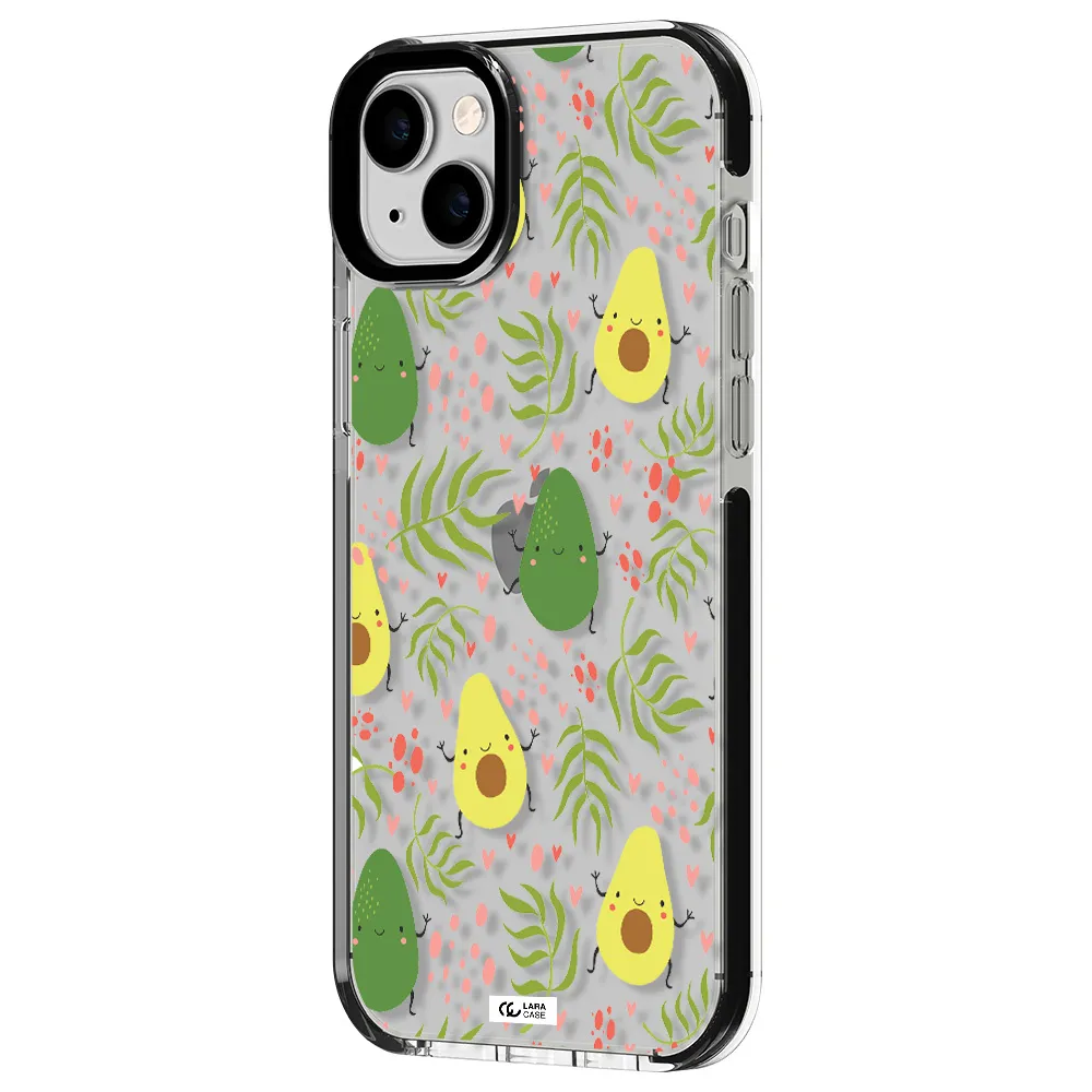 a pattern of avocado and leaves Apple iPhone 14 plus impact black border Case