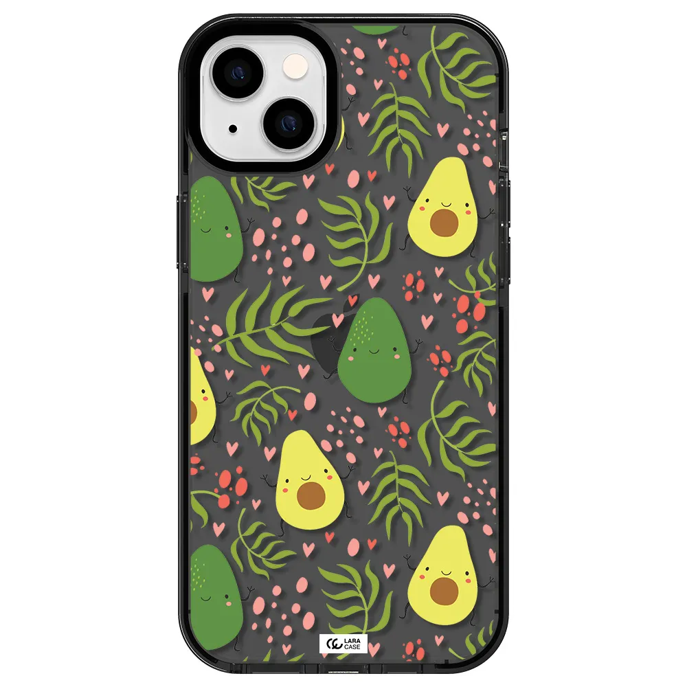 a pattern of avocado and leaves Apple iPhone 14 plus impact Smoke Black Case
