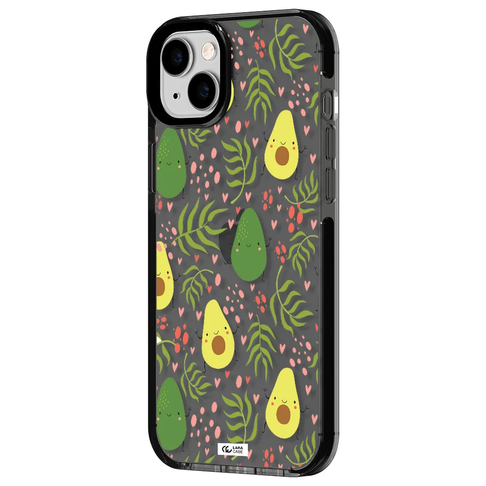 a pattern of avocado and leaves Apple iPhone 14 plus impact Smoke Black Case
