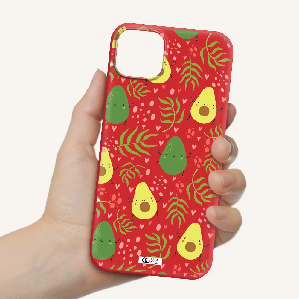 a pattern of avocado and leaves Apple iPhone 14 plus Silicone Imperial Red Case
