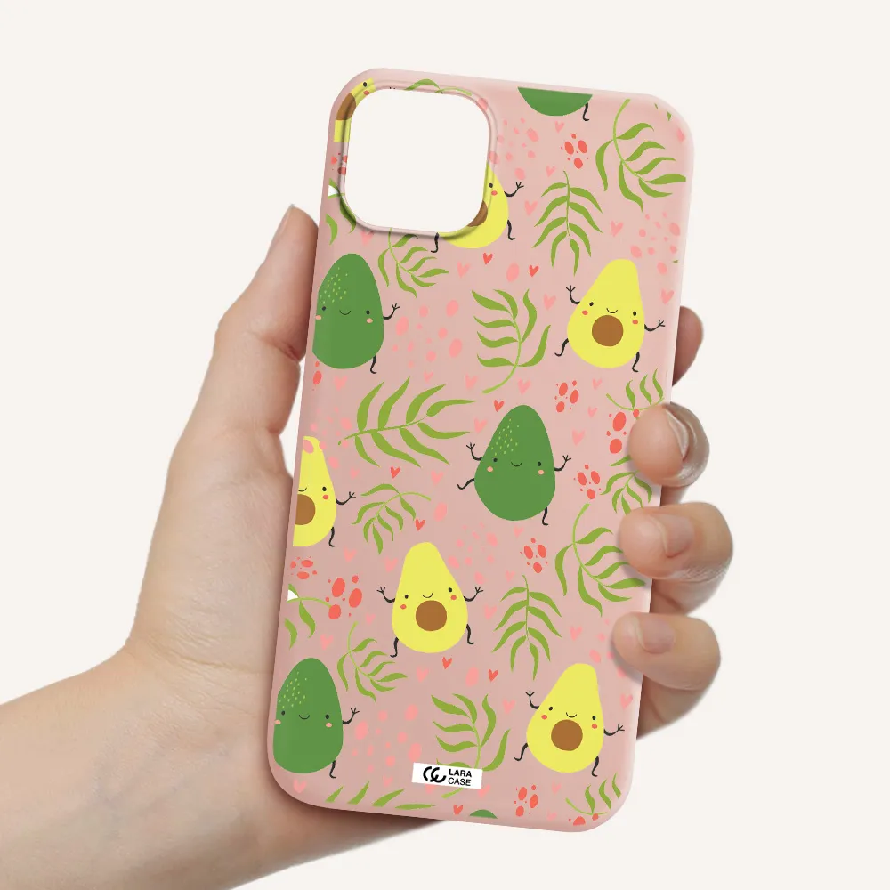 a pattern of avocado and leaves Apple iPhone 14 plus Silicone pastel pink Case
