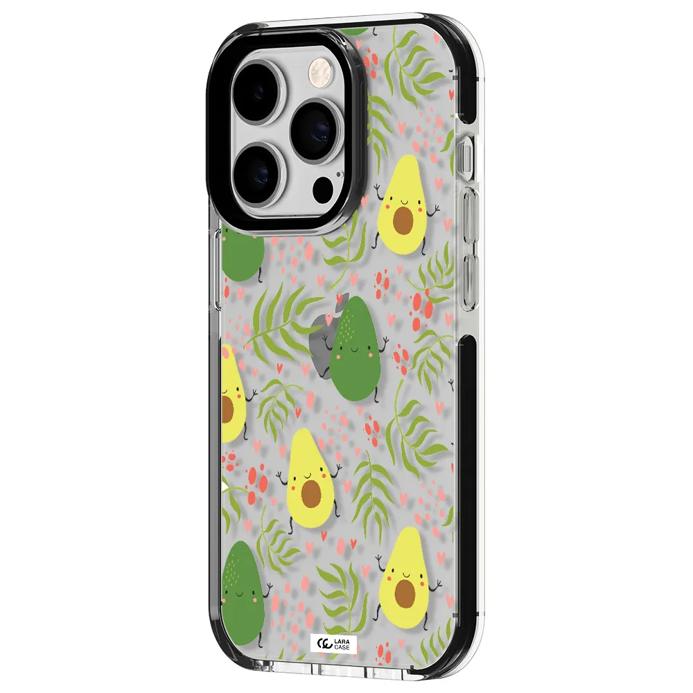 a pattern of avocado and leaves Apple iPhone 14 pro impact black border Case