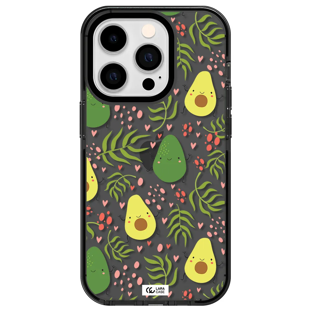 a pattern of avocado and leaves Apple iPhone 14 pro impact Smoke Black Case