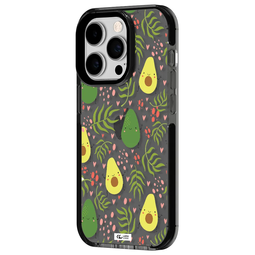 a pattern of avocado and leaves Apple iPhone 14 pro impact Smoke Black Case