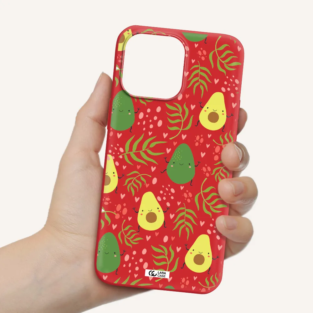 a pattern of avocado and leaves Apple iPhone 14 pro max Silicone Imperial Red Case