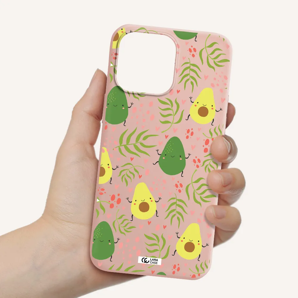 a pattern of avocado and leaves Apple iPhone 14 pro max Silicone pastel pink Case