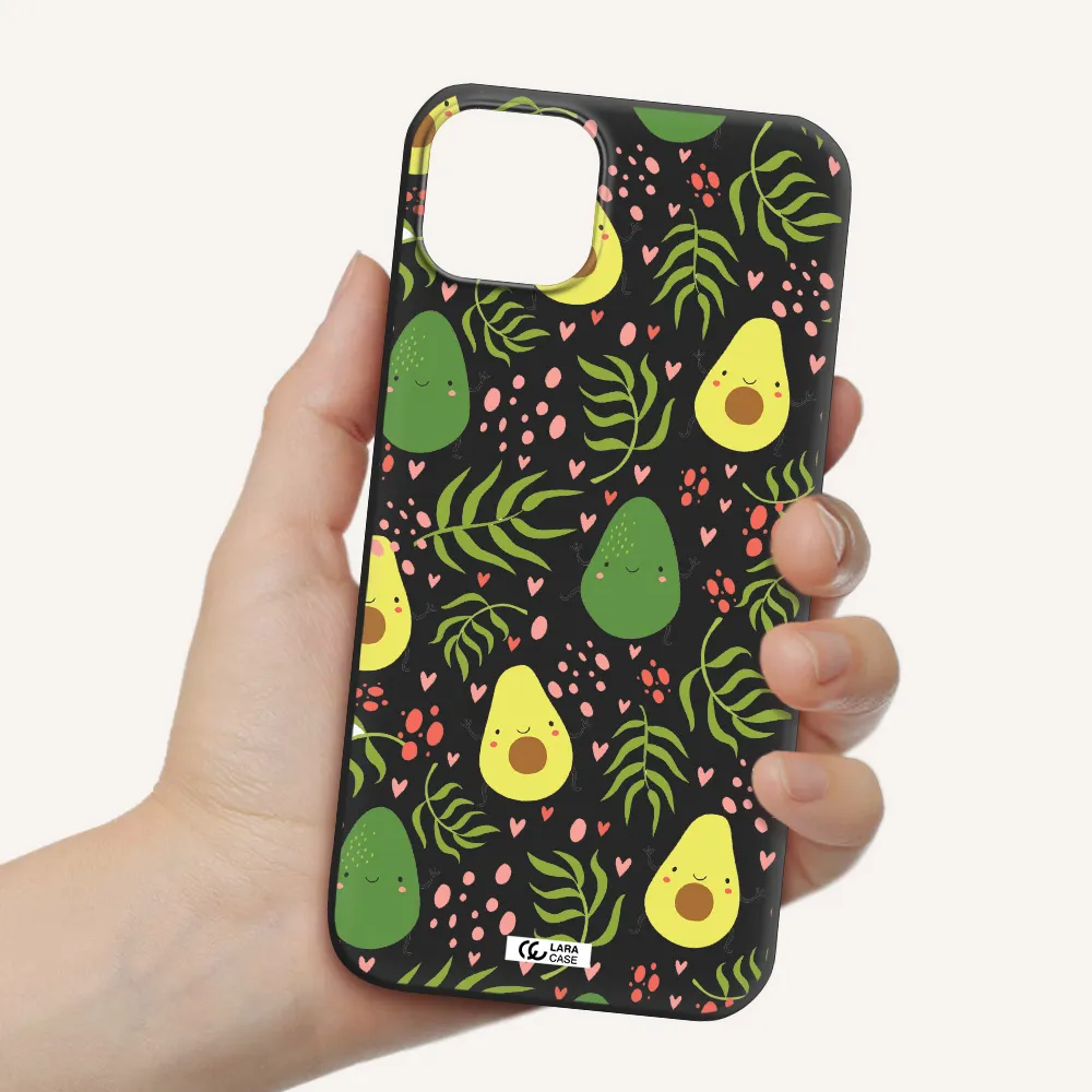 a pattern of avocado and leaves Apple iPhone 14 Silicone black Case