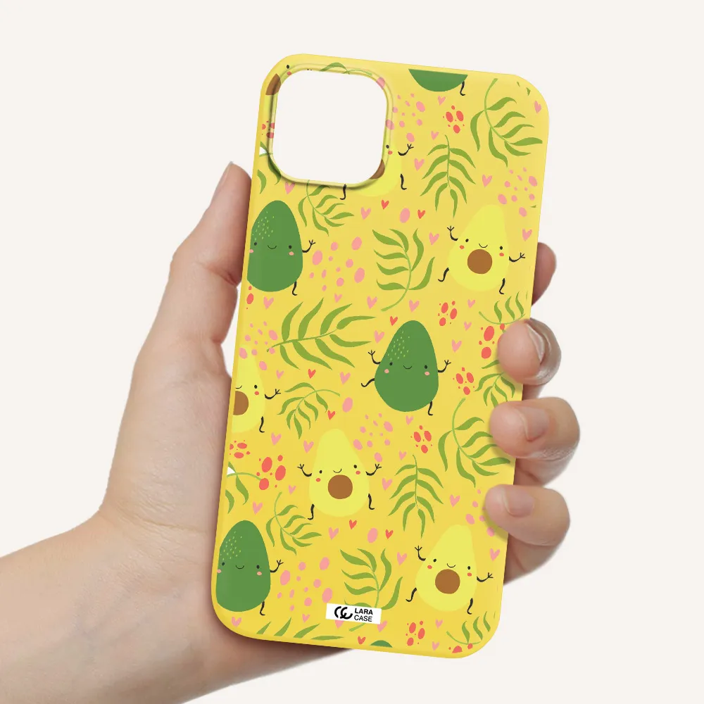 a pattern of avocado and leaves Apple iPhone 14 Silicone canary yellow Case