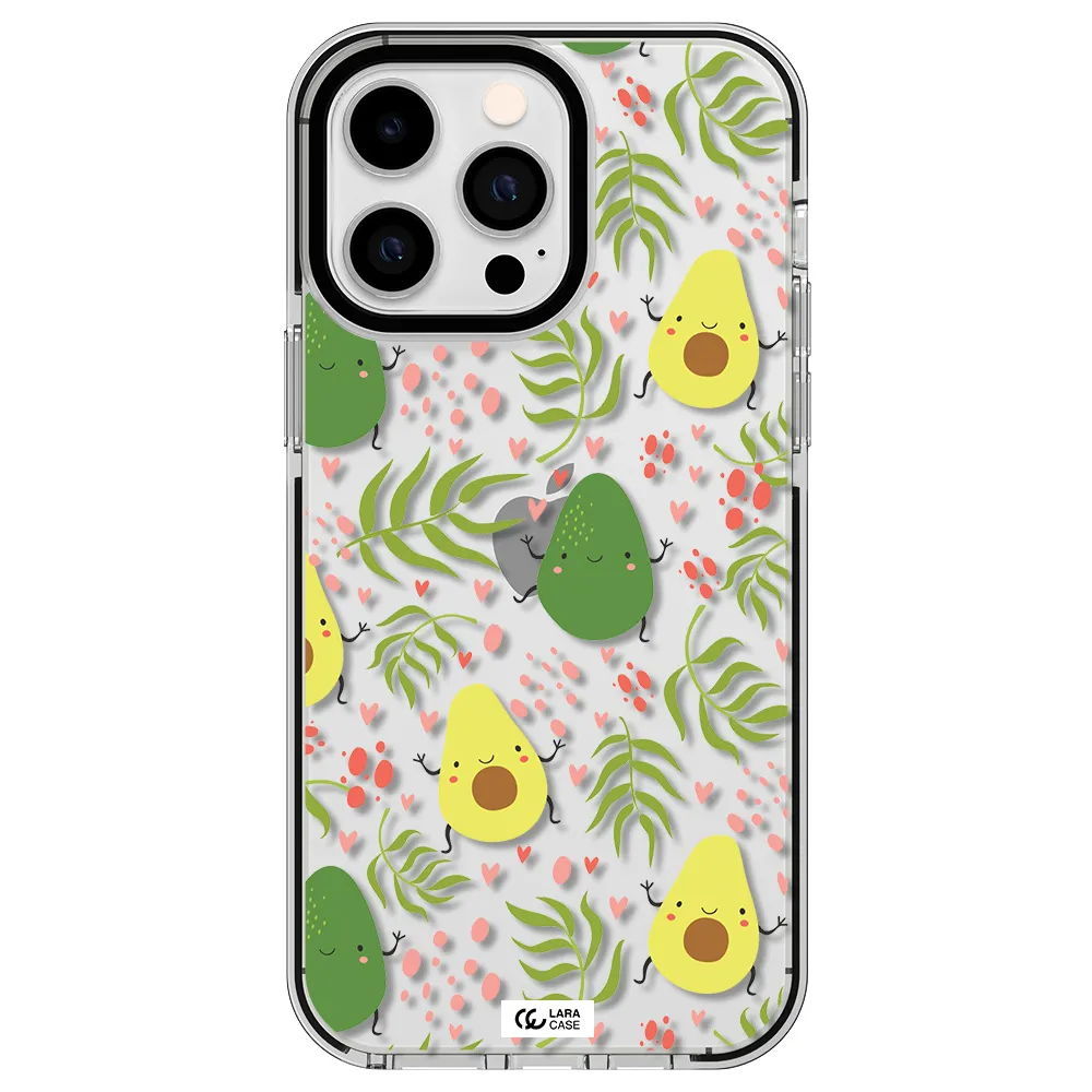 a pattern of avocado and leaves Apple iPhone 15 Pro Max impact black border Case