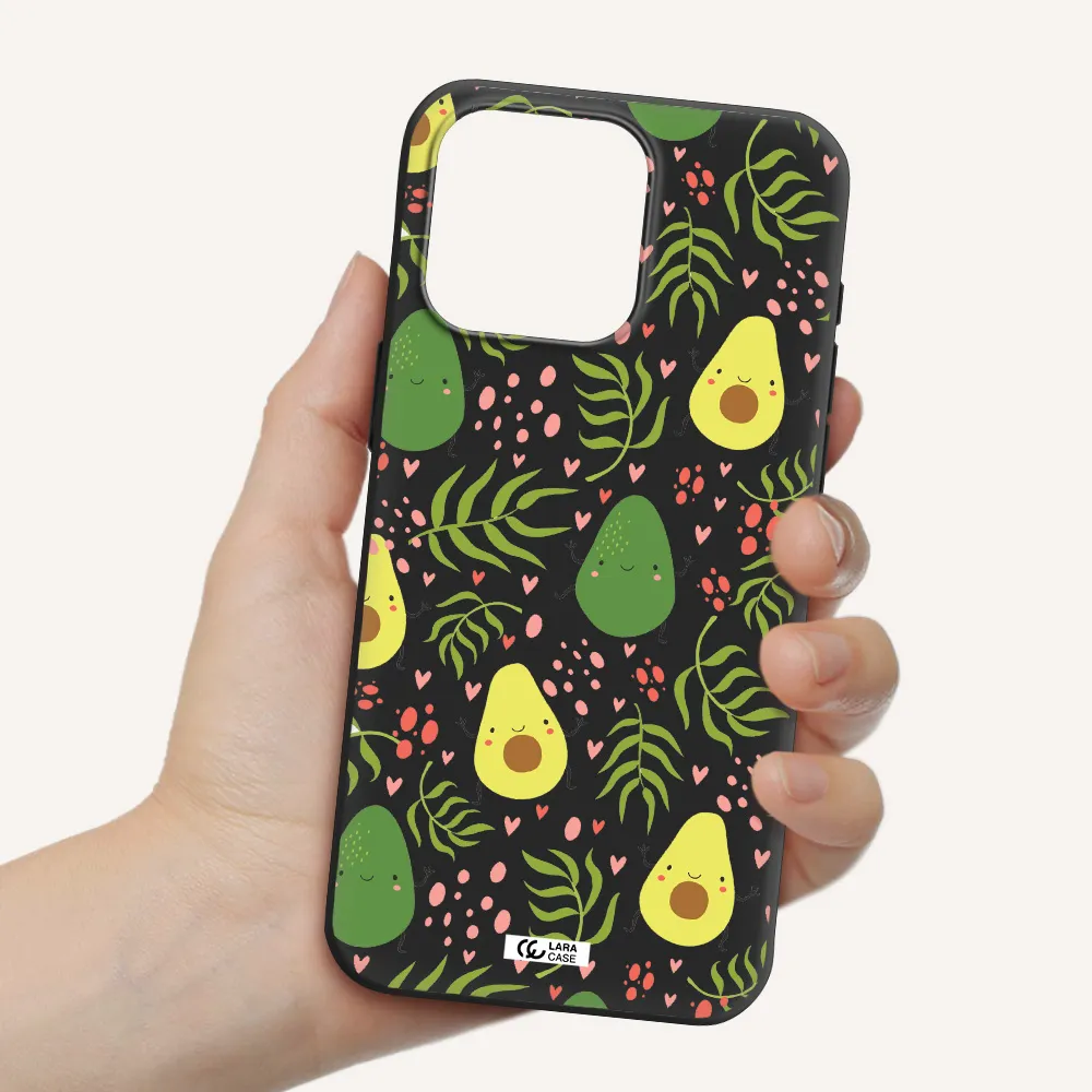a pattern of avocado and leaves Apple Iphone 15 Pro max Silicone black Case