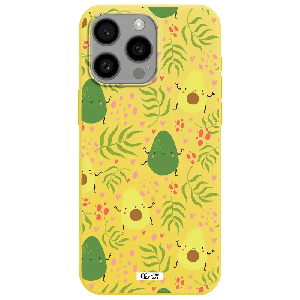 a pattern of avocado and leaves Apple Iphone 15 Pro max Silicone canary yellow Case
