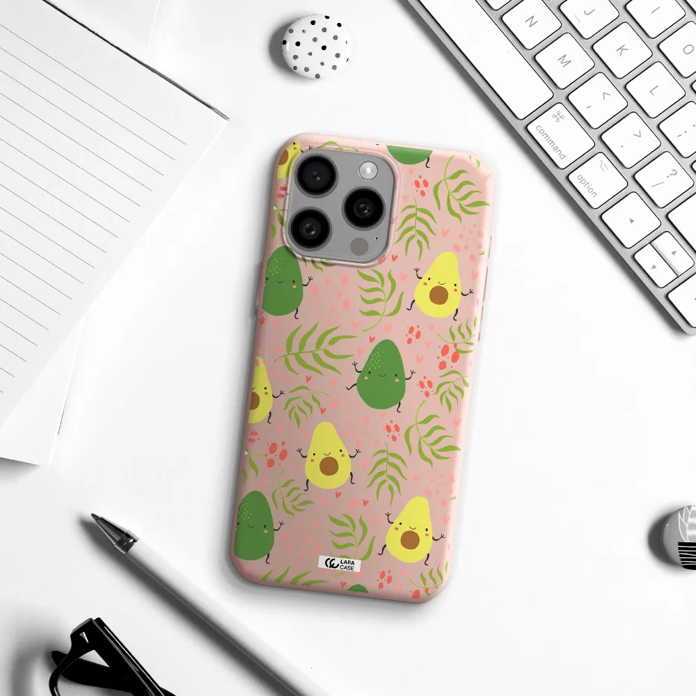 a pattern of avocado and leaves Apple Iphone 15 Pro max Silicone pastel pink Case