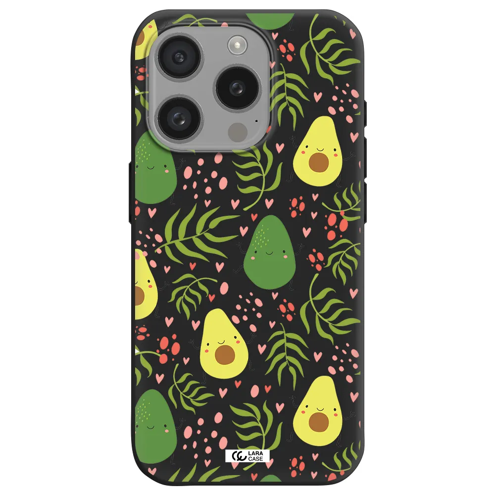 A Pattern Of Avocado And Leaves Apple Iphone 15 Pro Silicone Black Case