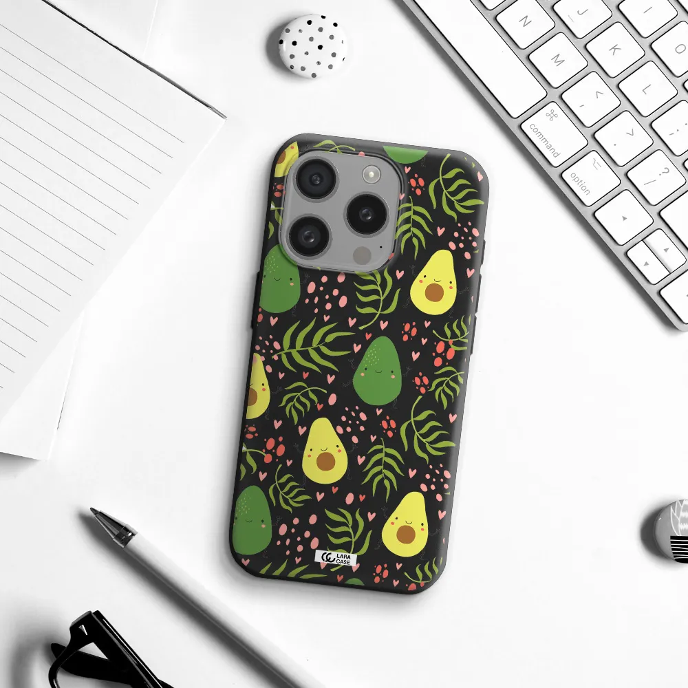 A Pattern Of Avocado And Leaves Apple Iphone 15 Pro Silicone Black Case