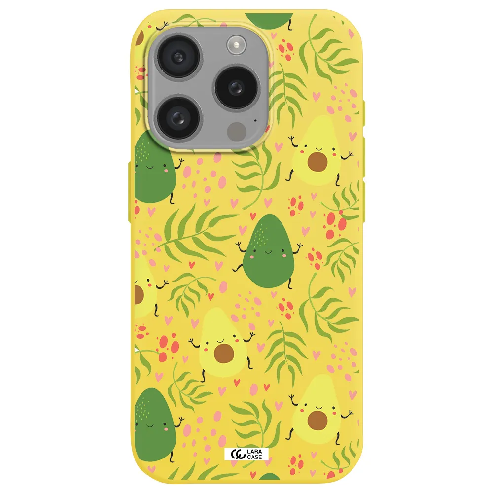 A Pattern Of Avocado And Leaves Apple Iphone 15 Pro Silicone Canary Yellow Case