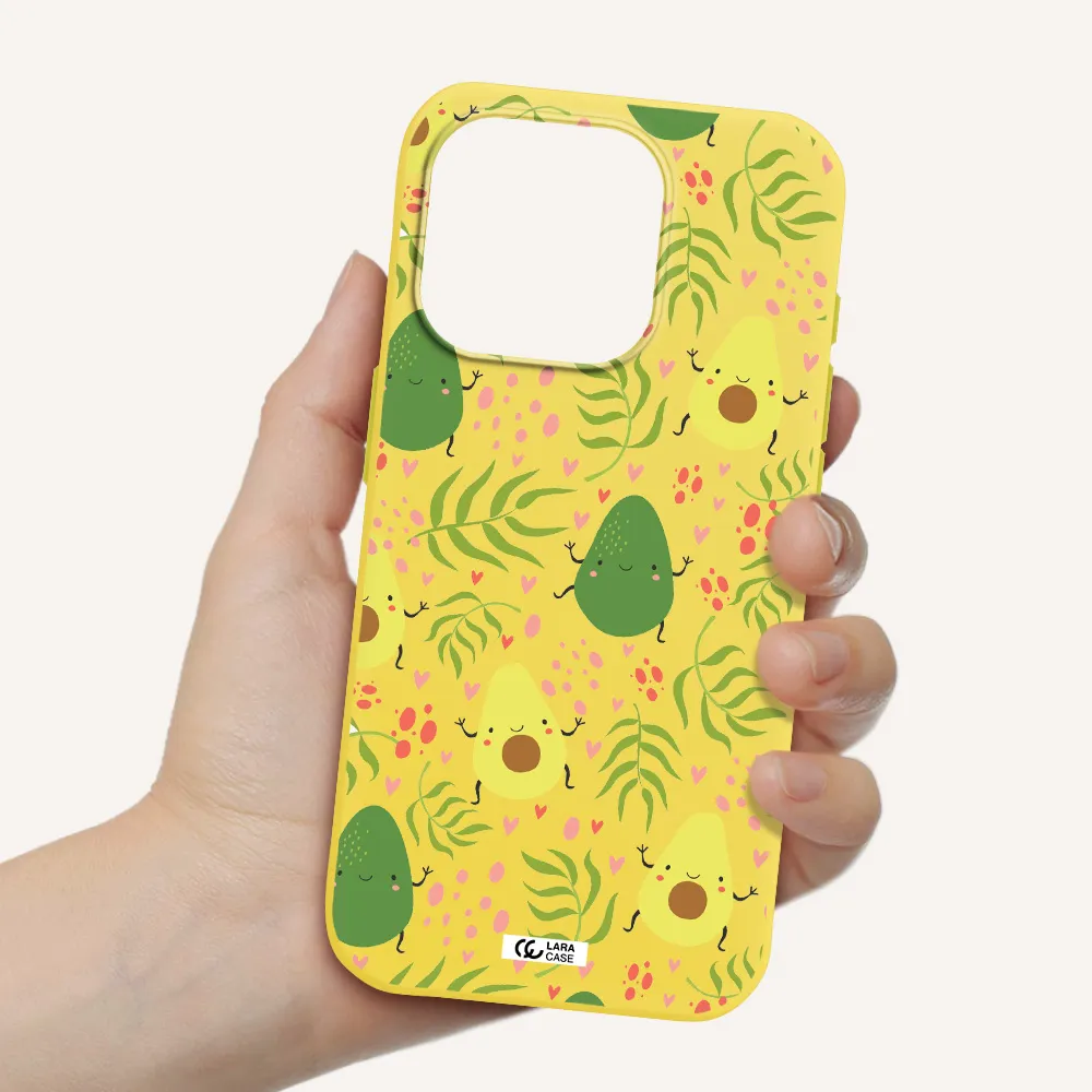 A Pattern Of Avocado And Leaves Apple Iphone 15 Pro Silicone Canary Yellow Case