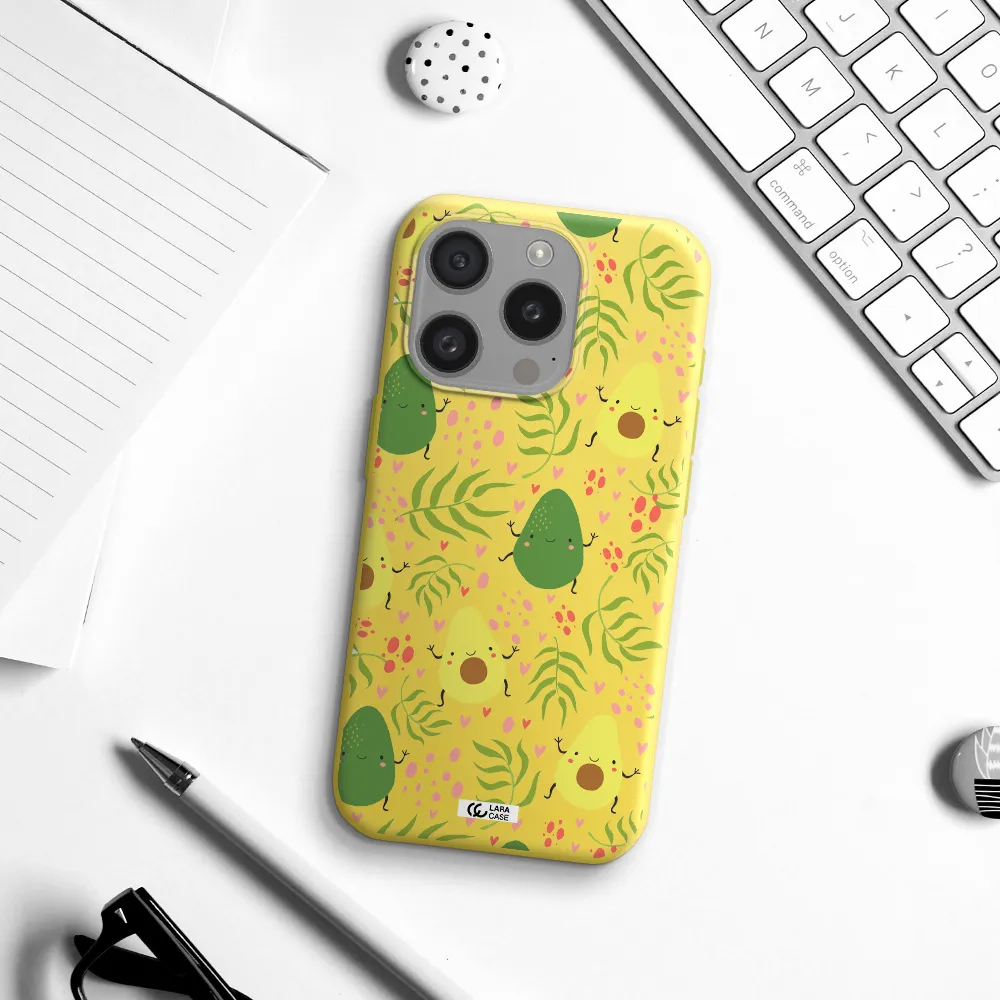 A Pattern Of Avocado And Leaves Apple Iphone 15 Pro Silicone Canary Yellow Case
