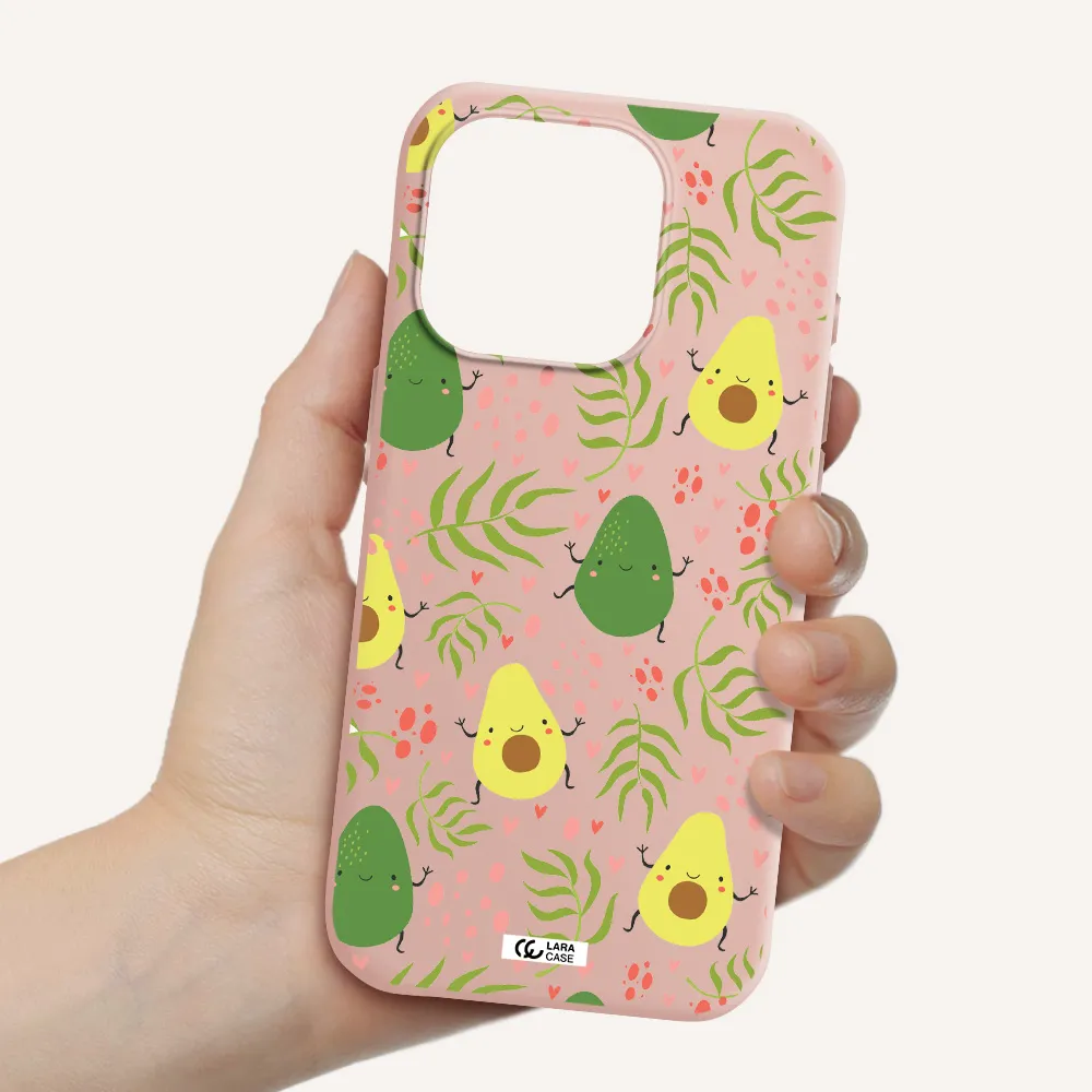 A Pattern Of Avocado And Leaves Apple Iphone 15 Pro Silicone Pastel Pink Case