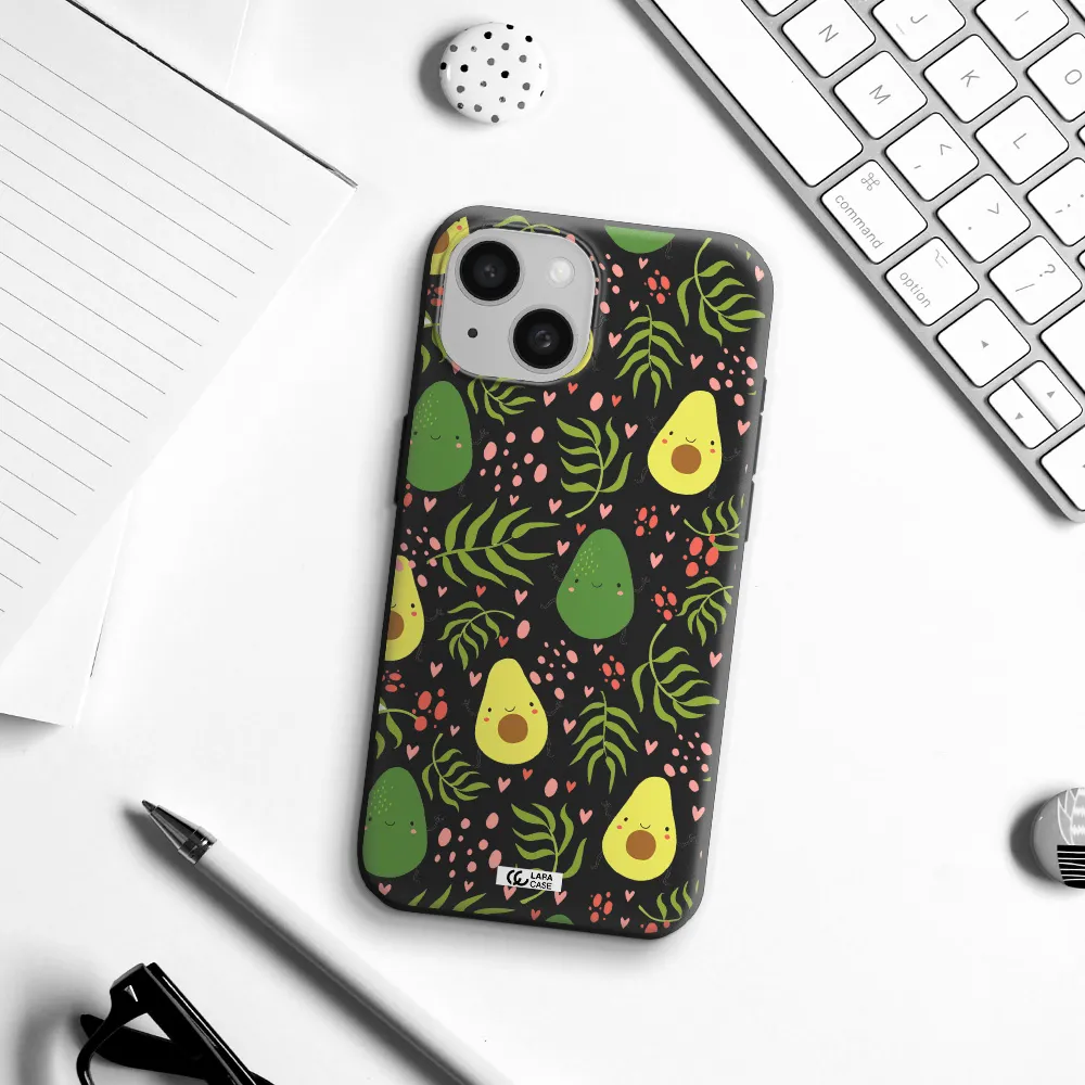 a pattern of avocado and leaves Apple iPhone 15 Silicone black Case