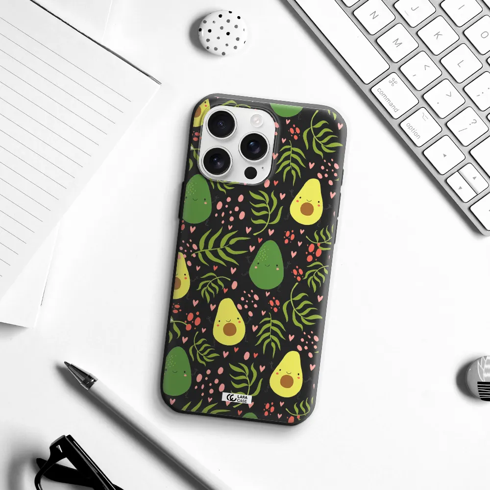 A Pattern Of Avocado And Leaves Apple Iphone 16 Pro Max Silicone Black Case