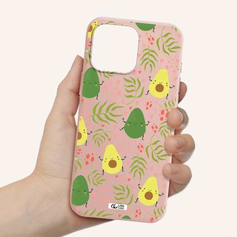 A Pattern Of Avocado And Leaves Apple Iphone 16 Pro Max Silicone Pastel Pink Case