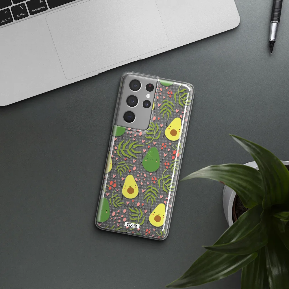 a pattern of avocado and leaves Samsung S21 Ultra Clear TPU Case