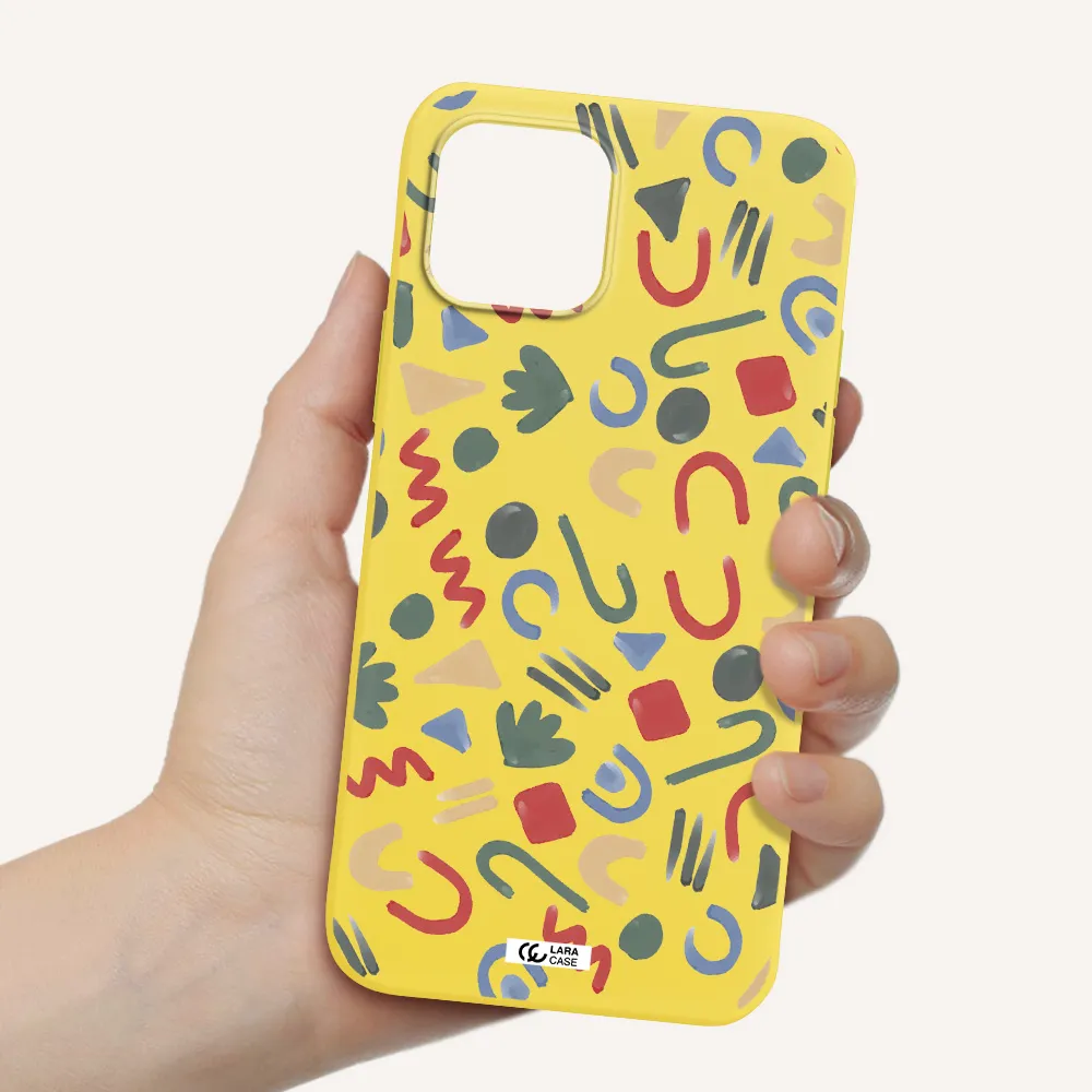 a pattern of colorful shapes Apple iPhone 12 mini Silicone canary yellow Case