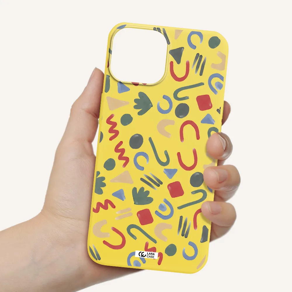 a pattern of colorful shapes Apple iPhone 13 mini Silicone canary yellow Case