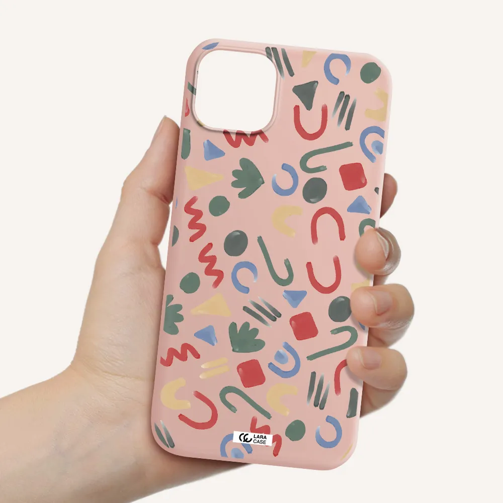 a pattern of colorful shapes Apple iPhone 14 plus Silicone pastel pink Case